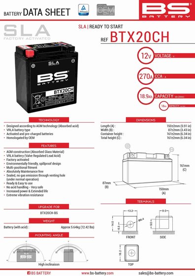 SPORT 1200 (2009 - 2012) btx20ch sla 12v 270 a battery | BS BATTERY