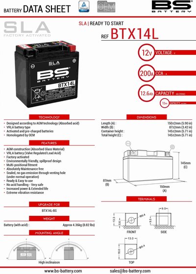 V85 TT (2018 - 2021) btx14 sla 12v battery | BS BATTERY