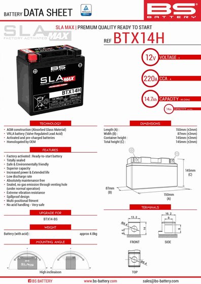 V7 III MILANO CARBON (2018 - 2020) btx14h sla max battery | BS BATTERY