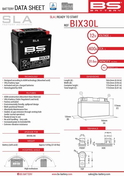 CALIFORNIA 1000 (1989 - 1993) bs bix30l sla battery | BS BATTERY